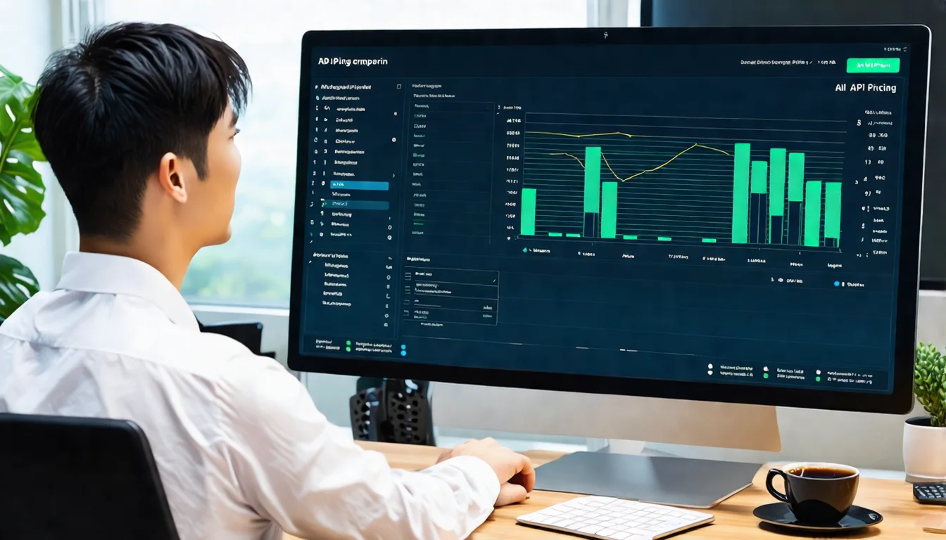 一位亞洲男性技術主管坐在辦公桌前，面前的大螢幕顯示三個 AI API 平台的定價比較儀表板，螢幕上可見三欄式對比表格分別標示不同顏色，桌上放著計算機和一杯咖啡