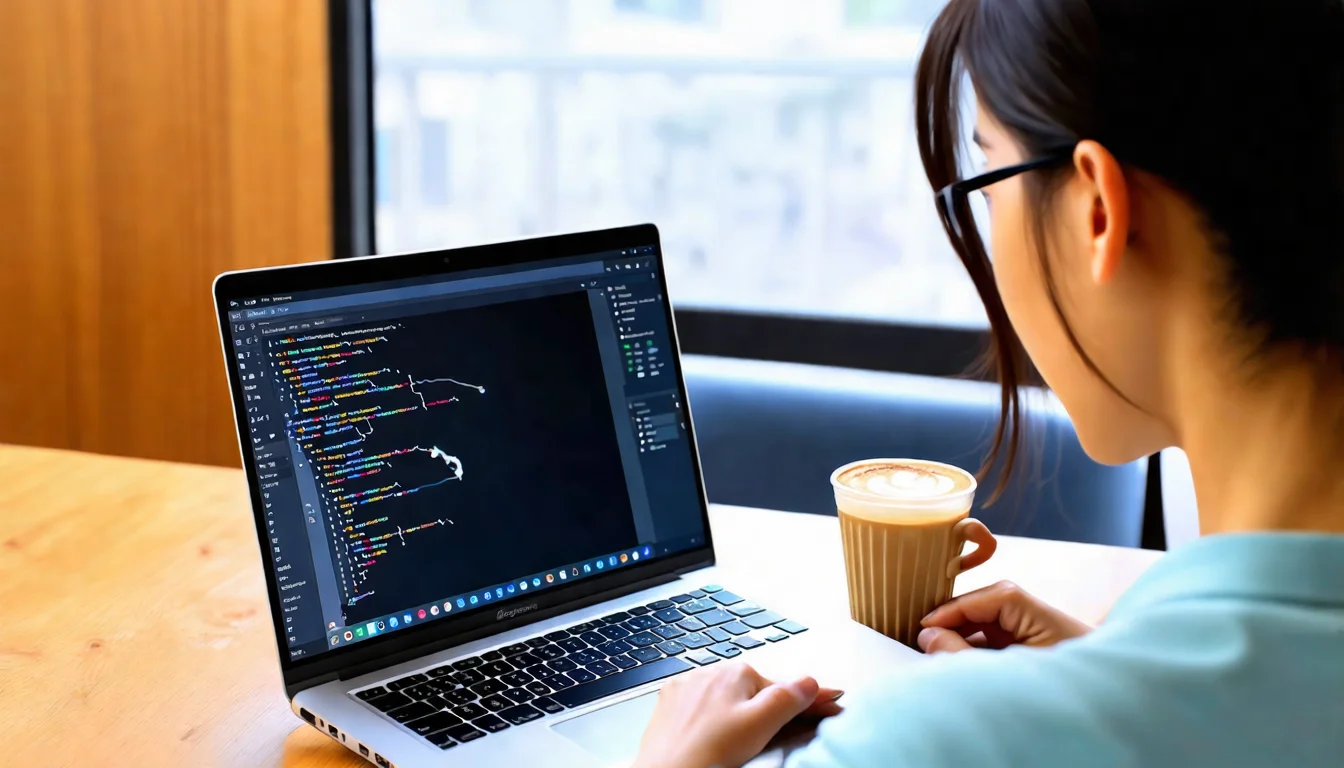 一位年輕亞洲女性開發者坐在咖啡廳，使用筆電在 Google AI Studio 介面上測試 Gemini API，筆電螢幕可見 API Playground 對