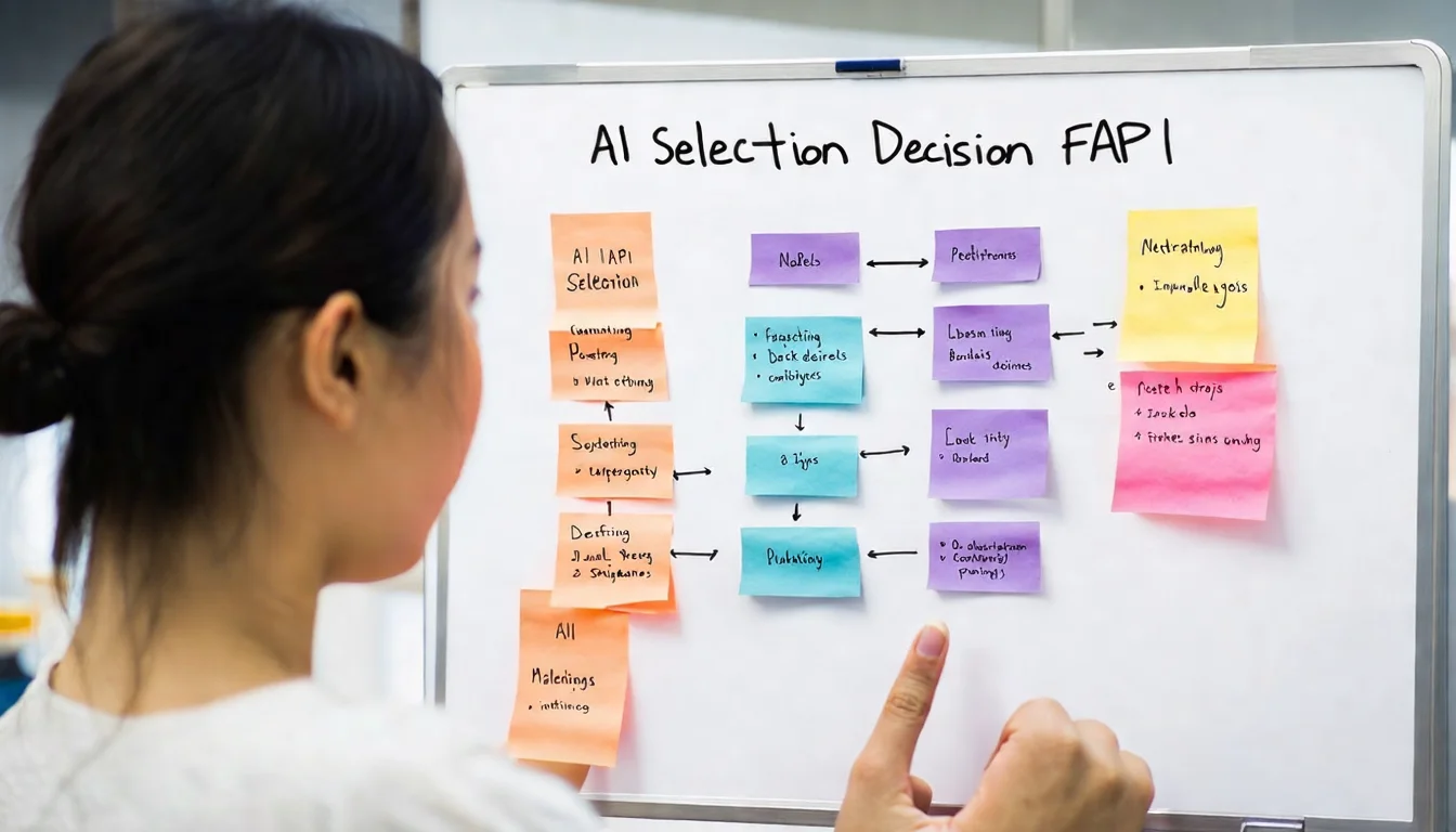 一面白板上畫著 AI API 選擇的決策流程圖，一位亞洲女性行銷主管站在白板旁指著其中一個節點討論，白板上用不同顏色的便利貼標示三個平台