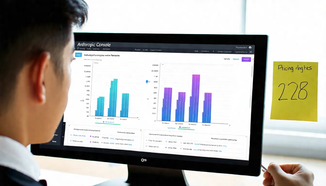 A 27-inch monitor displaying the Anthropic Console pricing and usage page, with bar charts in purple, blue, and green for three models, sticky notes beside the screen, an Asian male product