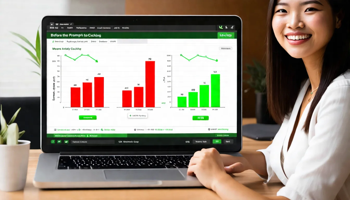 A laptop screen showing two side-by-side monthly bill charts, the left showing high costs before enabling Prompt Caching, the right showing lower costs after, with green arrows indicating savings percentage, an Asian