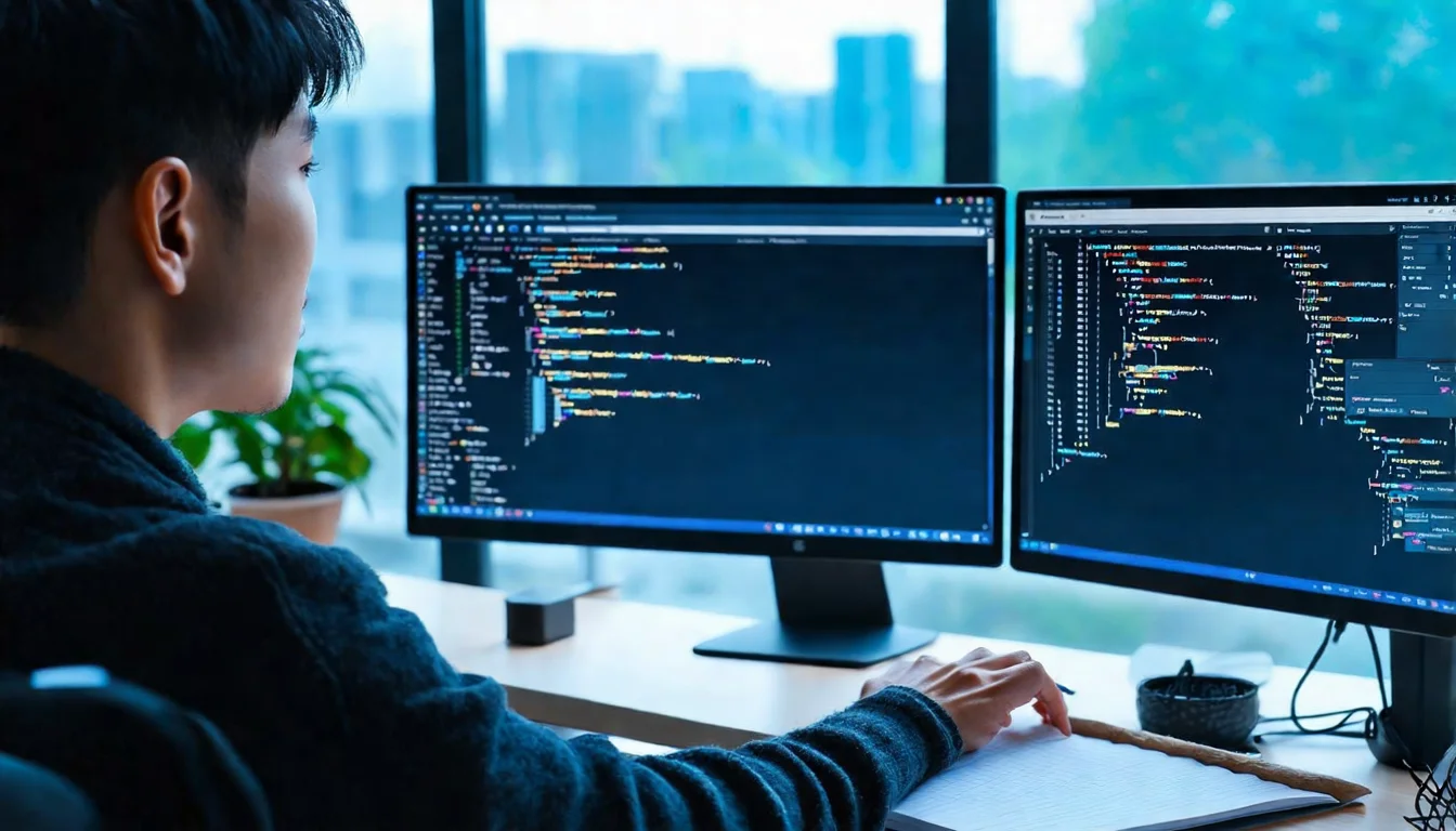 一位亞洲男性開發者坐在雙螢幕工作站前，左螢幕開啟瀏覽器多個分頁顯示不同 AI API 平台控制台，右螢幕是程式碼編輯器，桌上有筆記本列著平台對比筆記