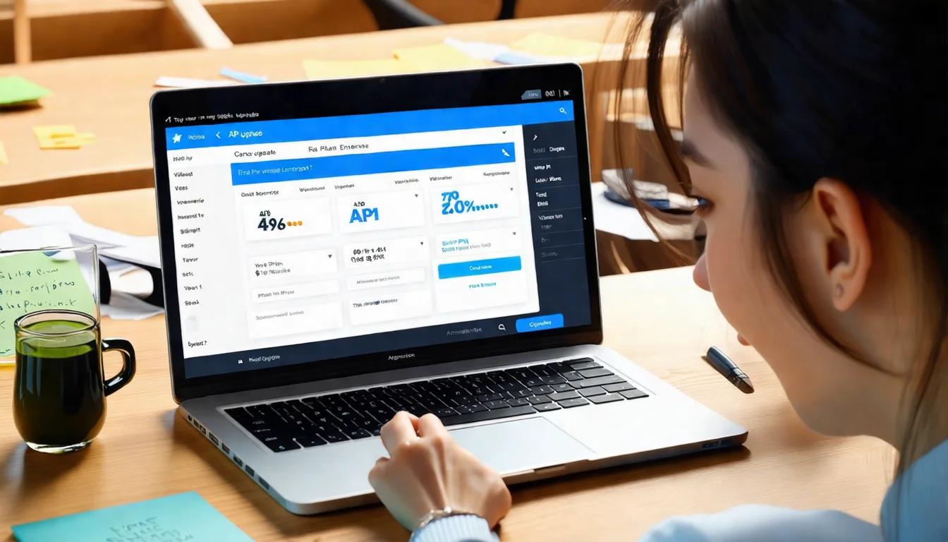 一位亞洲女性創業者坐在共享辦公空間，筆電螢幕顯示 API 平台升級頁面的不同方案價格卡片，手懸停在升級按鈕上方，桌上有便利貼和綠茶