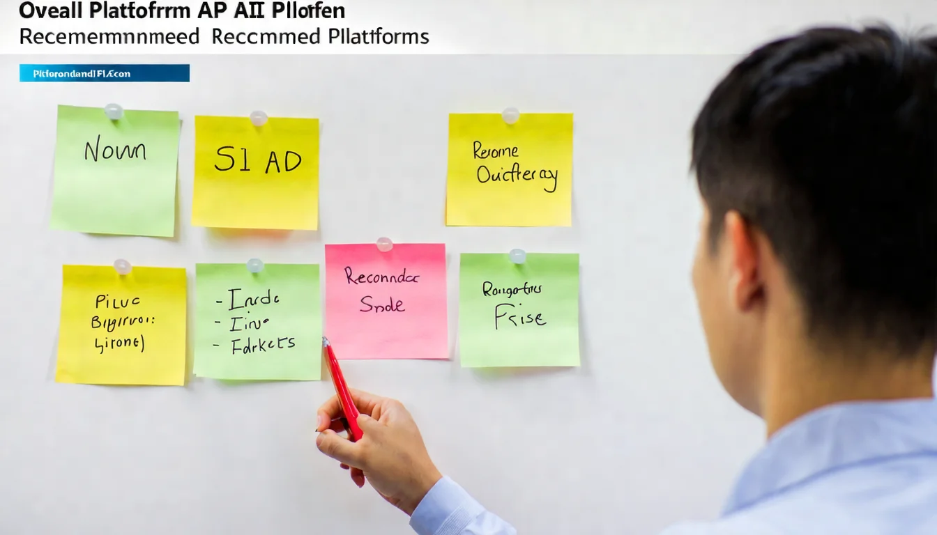 辦公室白板上貼著 8 張彩色便利貼，各寫著 AI API 平台名稱和特點，白板左上角標題寫著「免費 AI API」，一位亞洲男性技術主管用紅色白板筆圈出推薦的三