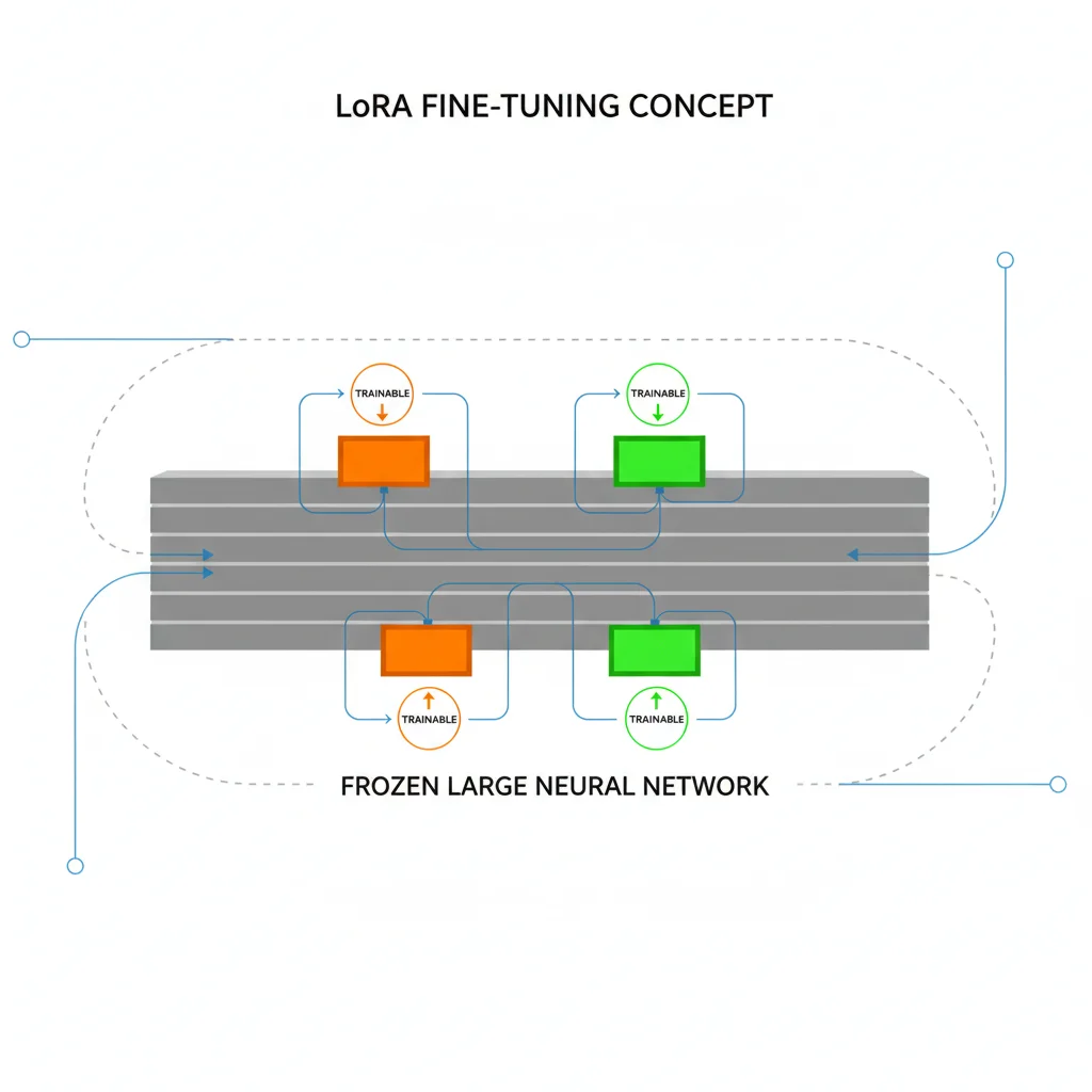 LoRA fine-tuning concept: frozen base model with small trainable adapter modules