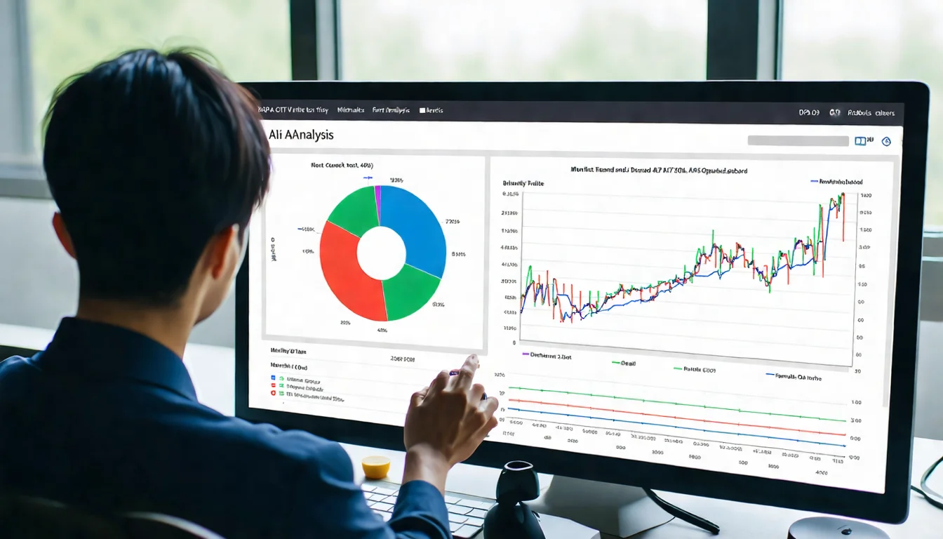 大螢幕上顯示 AI API 費用分析儀表板，中央有三色圓餅圖區分成本類別（Output Token 50% 藍色、Input Token 30% 綠色、隱藏成本