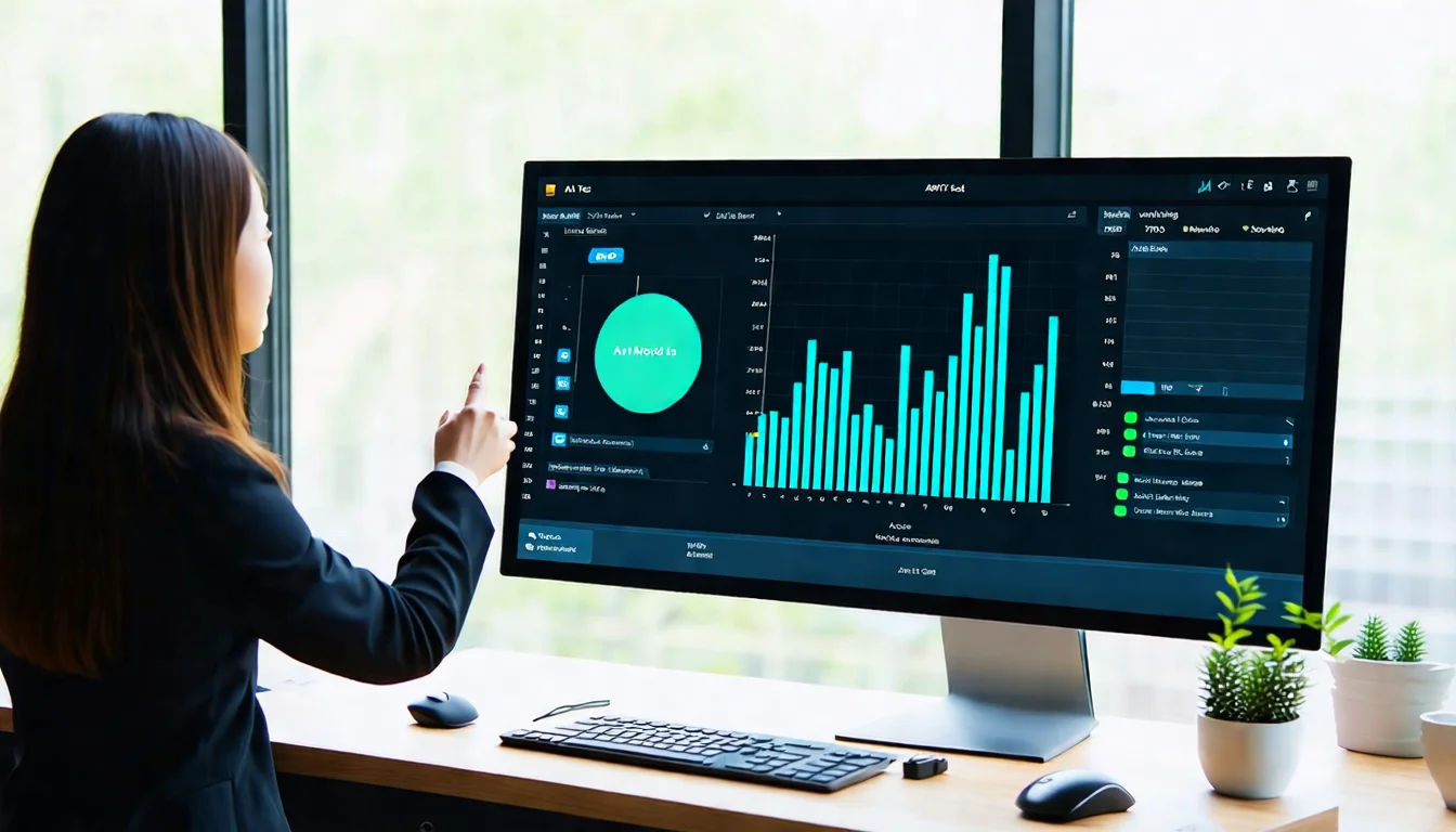 一台寬螢幕顯示器上呈現 AB 對比測試結果畫面，左右分別標示兩個模型的測試結果，中間有分數對比長條圖，一位亞洲女性工程師手指指向螢幕上的某項數據