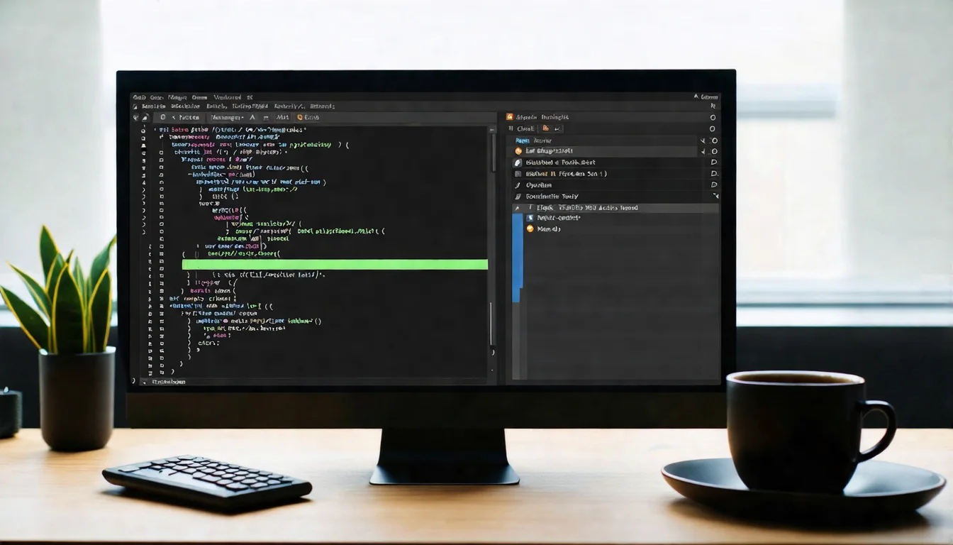 電腦螢幕上顯示 VS Code 程式碼編輯器，左側是 Python 程式碼，右側是終端機視窗顯示 API 批次處理進度條，桌上有黑咖啡和計算機